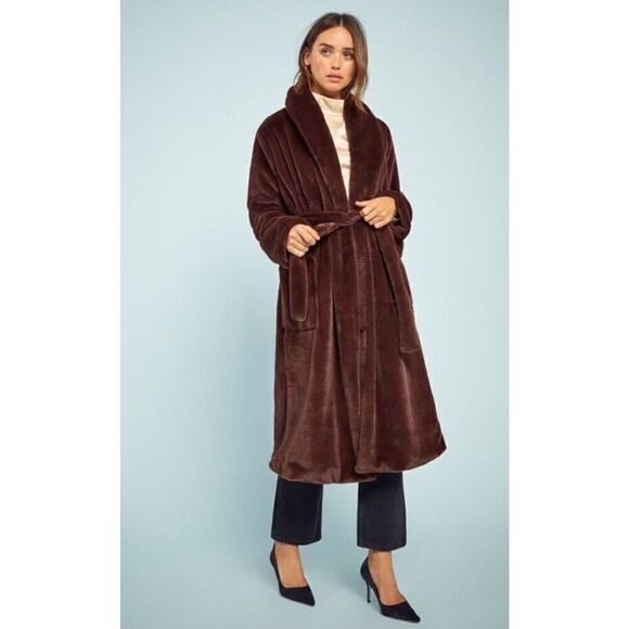 Reformation Faux Fur Coat Brown BelteMedium - Picture 1 of 9
